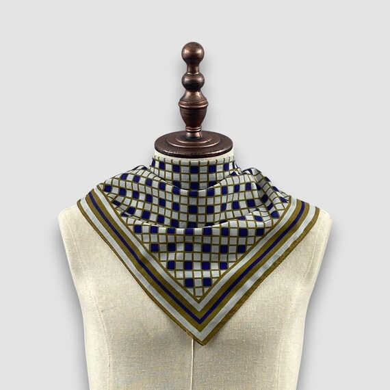 Vintage 90s Plaid Silk Scarf, Green & Blue Geometric Diamond Grid Handkerchief, Preppy Muffler Neck Accessories Square Wrap Bandana
