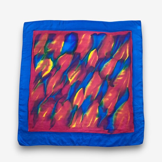 Vintage 90s Colorful Watercolor Art Silk Scarf, Abstract Batik Handkerchief, New Zealand Made Artistic Neck Accessory Square Wrap