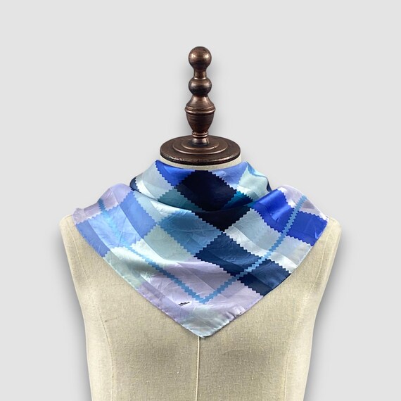 Vintage 90s Jammers Leufgen Silk Scarf, Blue & Teal Patchwork Check Handkerchief, Designer Geometric Muffler Neck Accessories Square Wrap