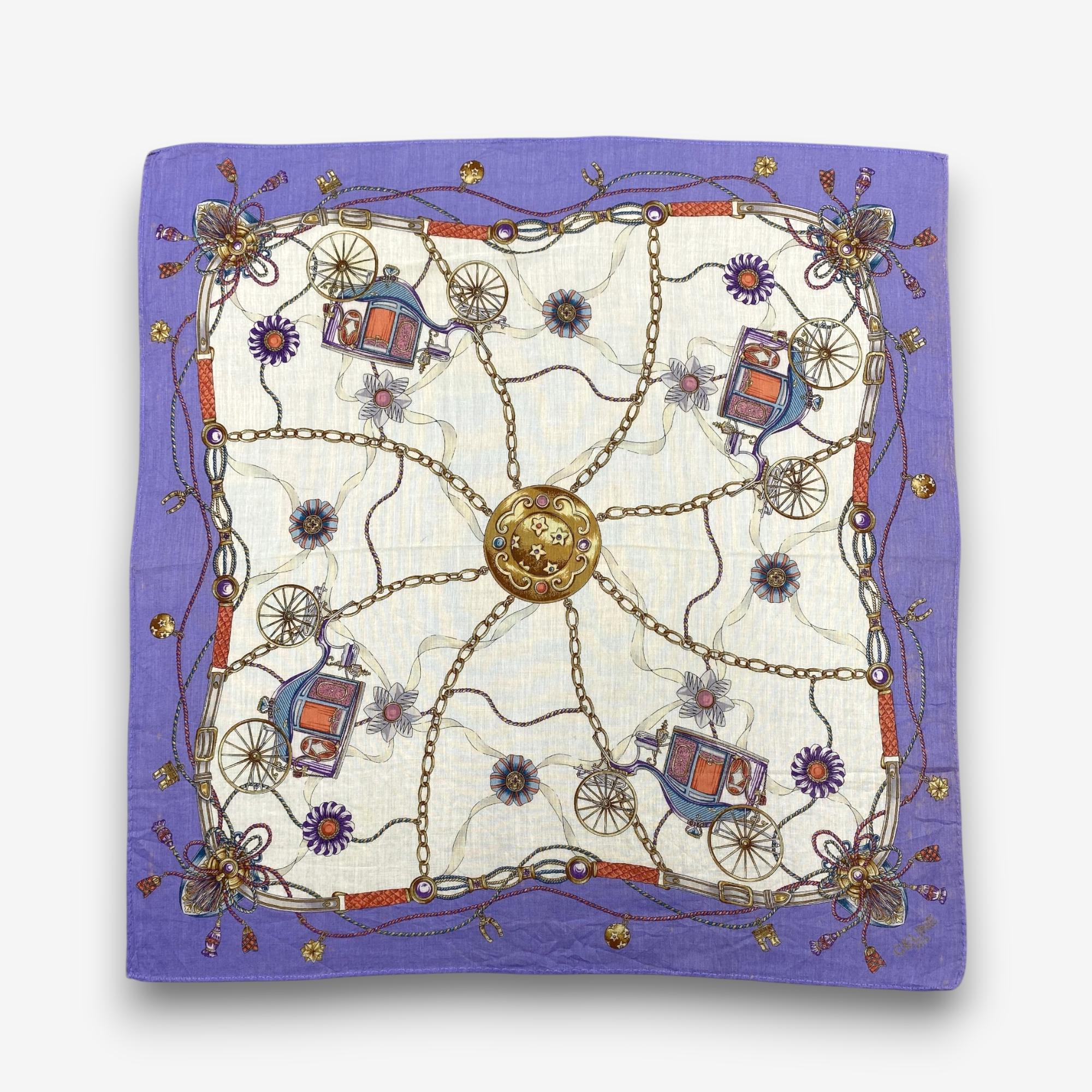 Vintage Celine Handkerchief Horse Carriage Neckerchief Cotton Hankie Pocket Square Gold Chain Medallion Neckwear Bandana Womens Accessories