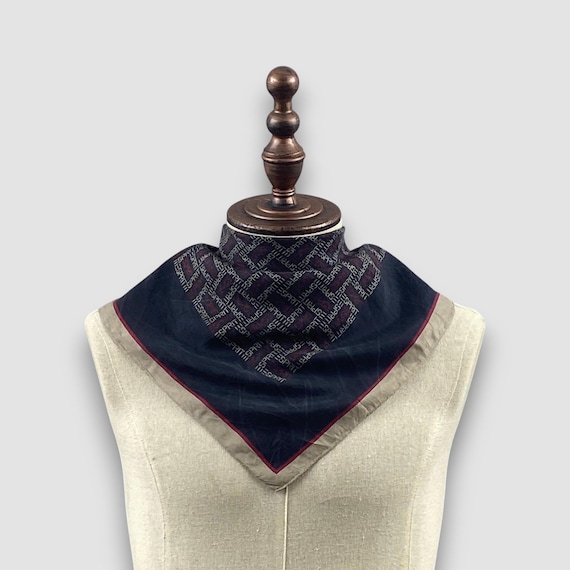 Vintage 90s Esprit Silk Scarf, Navy Blue Monogram Logo Print Handkerchief, Designer Muffler Neck Accessories Silky Square Wrap Bandana