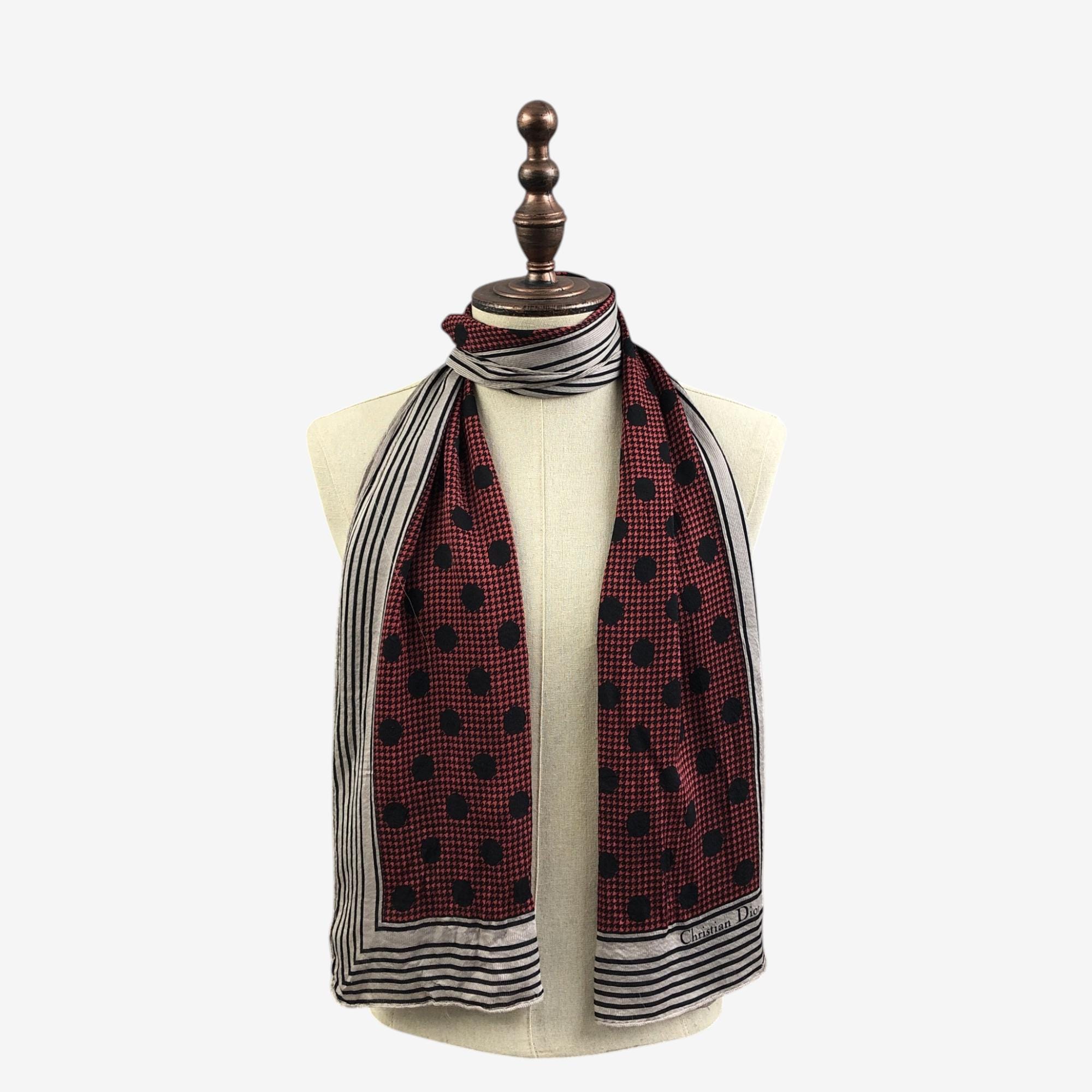 Vintage Christian Dior Long Silk Scarf, Houndstooth Polka Dot