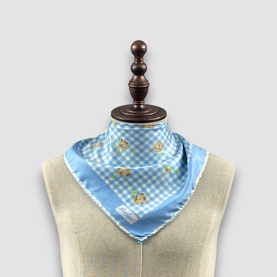 Vintage Bonheur Silk Scarf, Blue Gingham Floral Handkerchief Silk Scarves, Designer Flower Muffler Neck Accessories Checkered Wrap