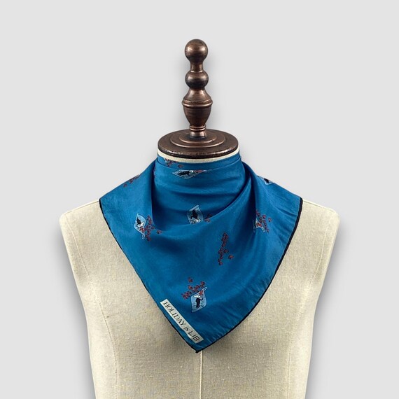 Vintage Holiday in Lib Silk Scarf, Blue Novelty Print Handkerchief, Cartoon Motif Muffler Neck Accessories Silky Square Wrap Bandana