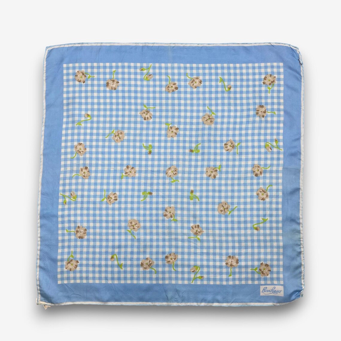 Vintage Bonheur Silk Scarf, Blue Gingham Floral Handkerchief Silk Scarves, Designer Flower Muffler Neck Accessories Checkered Wrap, foto 2 di 5