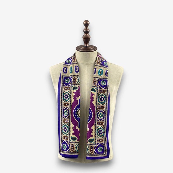 Vintage 90s Recuerdo Silk Scarf, Ornamental Medallion Stole Shawl Silk Scarves, Ornate Handrolled Hem Muffler Neck Accessories Silky Scarves