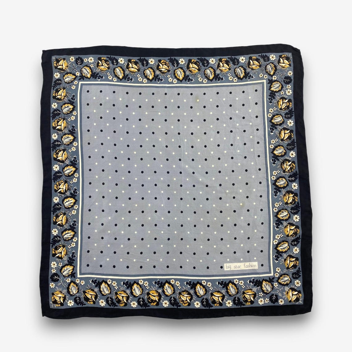 Vintage Floral Polka Dot Silk Scarf, Grey Rose Handkerchief, Hand Rolled Hem Botanical Muffler Neck Accessories Square Wrap Bandana, foto 2 di 5