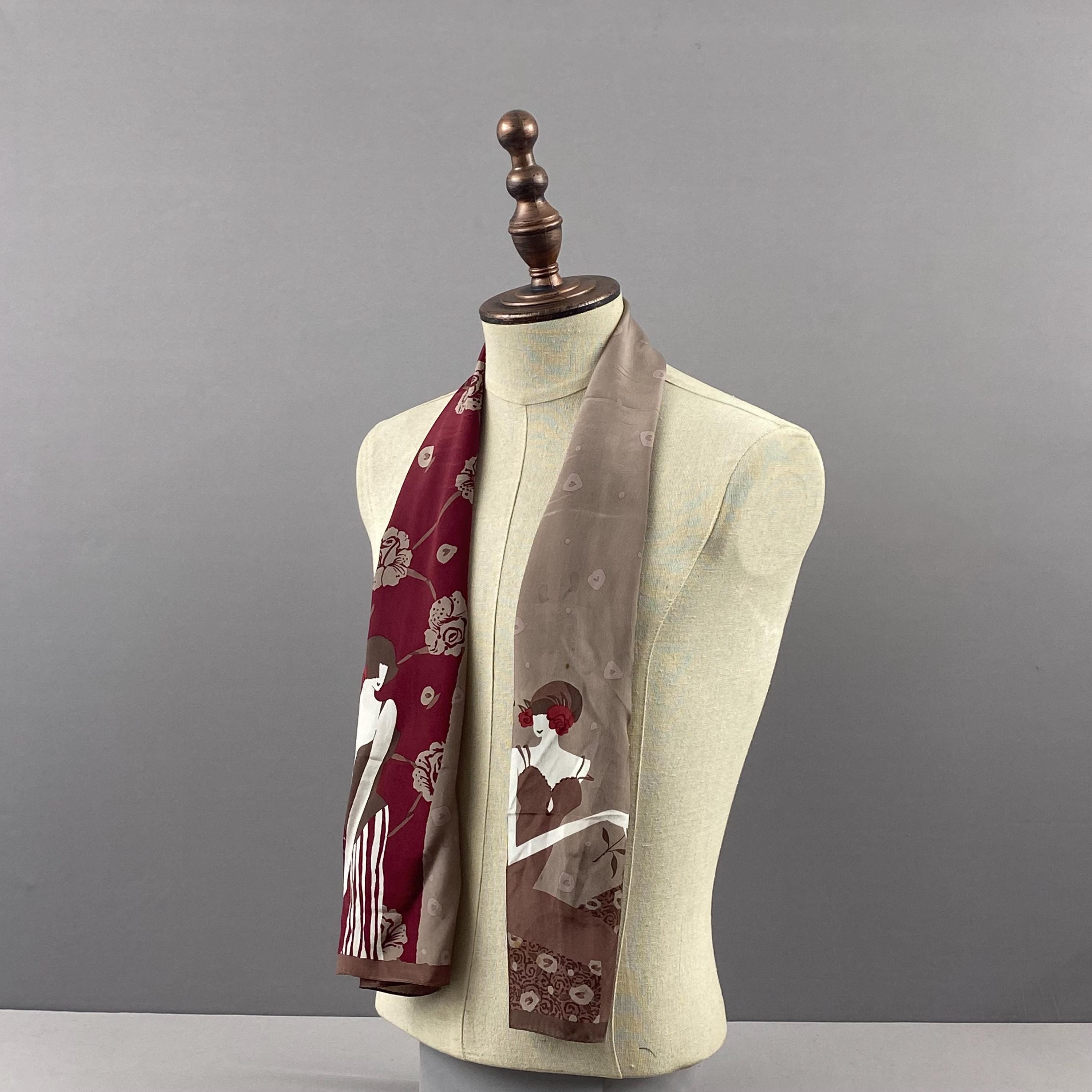 Vintage 90s Rosa Misa Artworks Silk Scarf, Stylized Women Stole