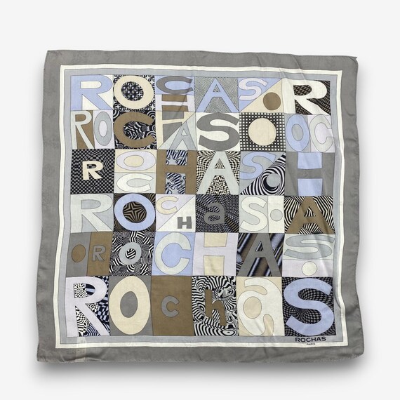 Vintage Rochas Paris Silk Scarf, Grey Lilac Typography Handkerchief, Hand Rolled Hem Scarves Muffler Neck Accessories Square Wrap Bandana