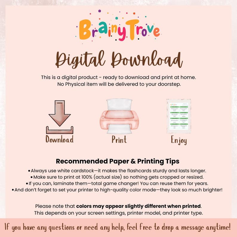 May include: A digital download graphic with the text "Brainy Trove" and "Digital Download." The image includes illustrations of a download arrow, a printer, and a card. Printing instructions are also provided.