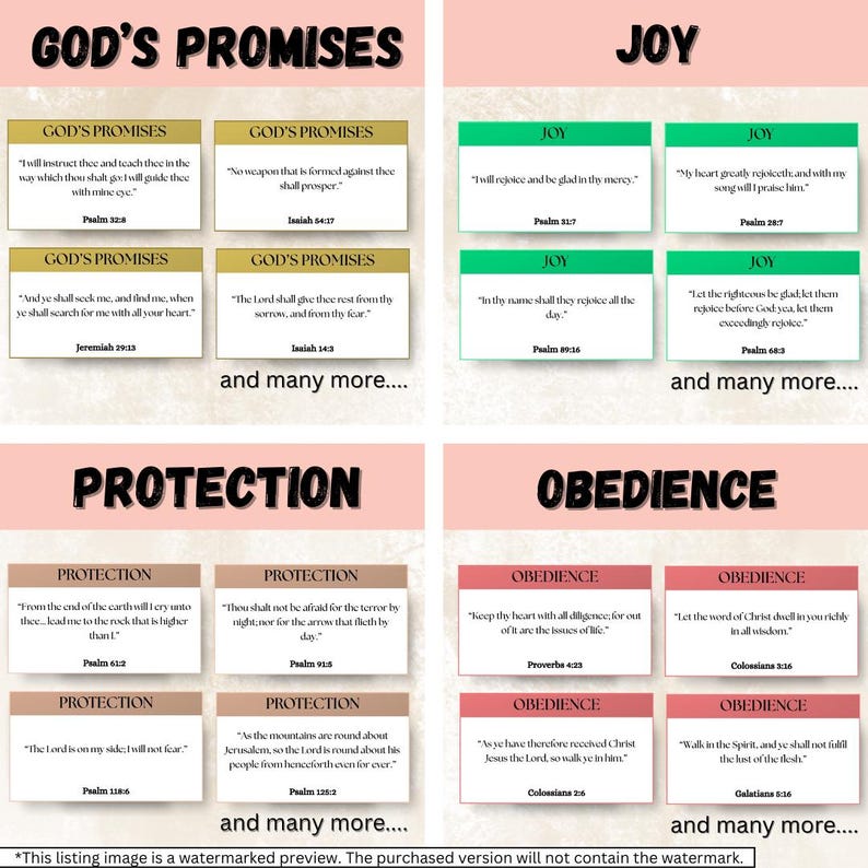 May include: A digital print with four sections: God's Promises, Joy, Protection, and Obedience. Each section contains multiple cards with text from the Bible. The cards are in various colours, including green, pink, and beige. The text is in a serif font.