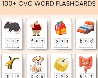 100+ CVC-woorden afdrukbare flashcards, fonetische oefenprintables voor kleuters en kleuters, bronnen voor thuisonderwijs, CVC-woordfamilielijsten