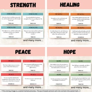 May include: A graphic featuring the words "STRENGTH", "HEALING", "PEACE", and "HOPE". Each section displays Bible verses with titles. The image includes a watermark at the bottom.