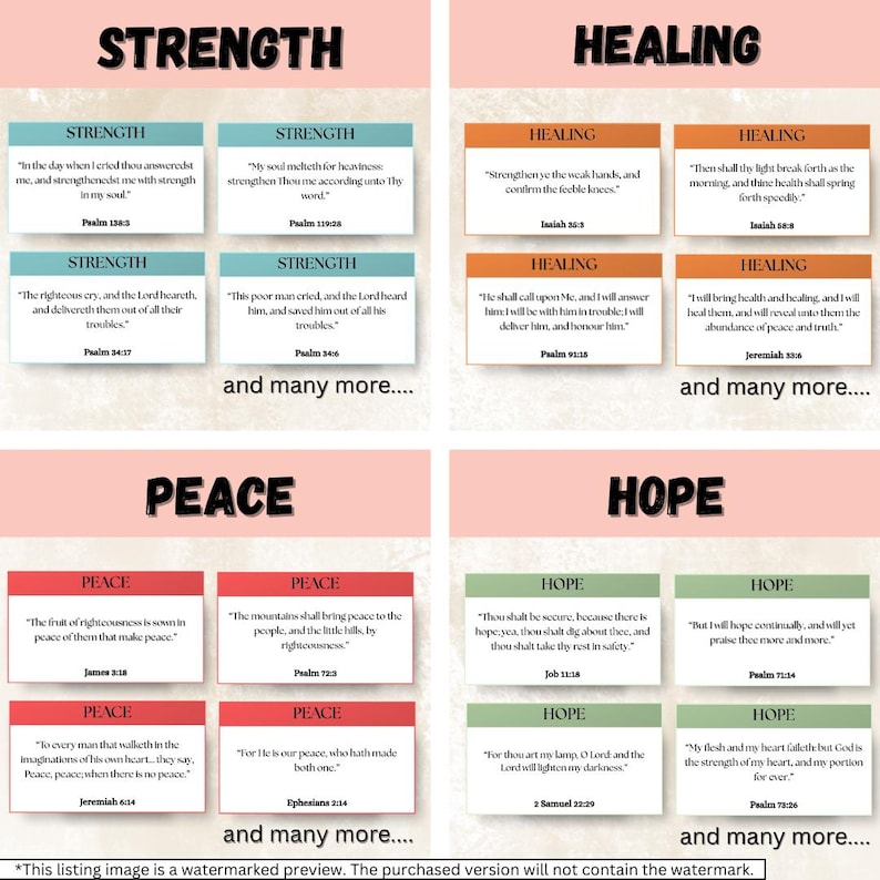 May include: A graphic featuring the words "STRENGTH", "HEALING", "PEACE", and "HOPE". Each section displays Bible verses with titles. The image includes a watermark at the bottom.