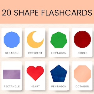 Pode incluir: Um conjunto de 20 cartões de formas com um fundo pêssego. Cada cartão apresenta uma forma diferente em várias cores, incluindo um decágono azul, uma lua crescente amarela, um heptágono verde e um círculo vermelho. Os cartões são rotulados com os nomes das formas.