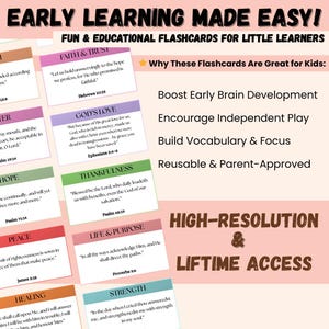 May include: Educational flashcards for little learners with text including "Early Learning Made Easy!" and "Fun & Educational Flashcards for Little Learners." The flashcards are in various colours and include Bible verses.