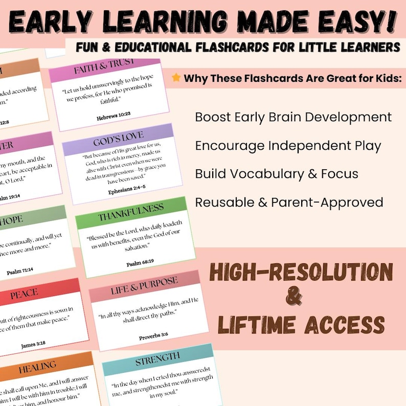 May include: Educational flashcards for little learners with text including "Early Learning Made Easy!" and "Fun & Educational Flashcards for Little Learners." The flashcards are in various colours and include Bible verses.
