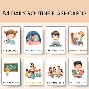 May include: Set of 84 daily routine flashcards. Each card features a watercolor illustration depicting various activities, including brushing teeth, bedtime story, screen time, practicing an instrument, math class, story time, family time, and activity time.