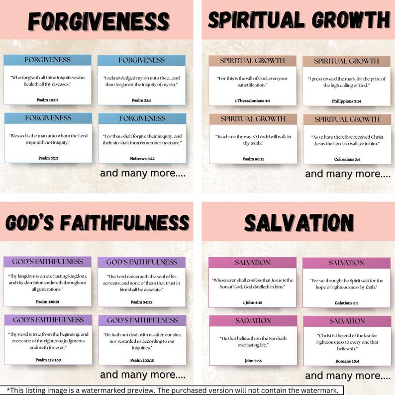 May include: A graphic divided into four sections, each with a heading: Forgiveness, Spiritual Growth, God's Faithfulness, and Salvation. Each section displays Bible quotes. The image includes a watermark at the bottom.