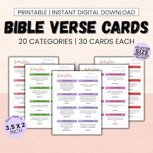 May include: Printable Bible verse cards with 20 categories and 30 cards each. Each card measures 8.9 x 5.1 cm. The cards feature various themes such as Life & Purpose, Thankfulness, God's Love, and Faith & Trust.
