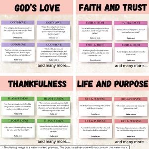 May include: A graphic with four themes: God's Love, Faith and Trust, Thankfulness, and Life and Purpose. Each theme has four Bible quotes on pink, green, and purple backgrounds. The text is in black.