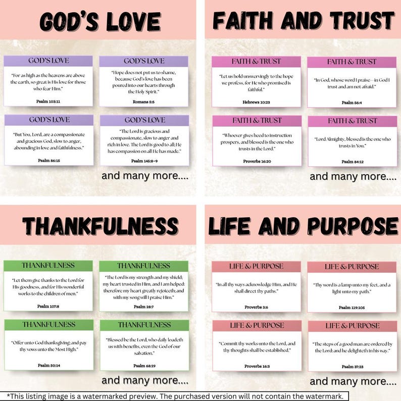 May include: A graphic with four themes: God's Love, Faith and Trust, Thankfulness, and Life and Purpose. Each theme has four Bible quotes on pink, green, and purple backgrounds. The text is in black.