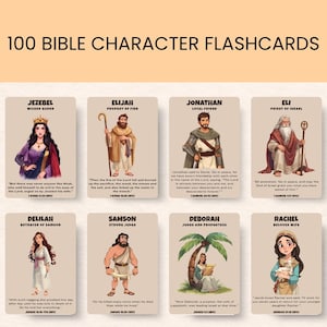 Puede incluir: Juego de 100 tarjetas didácticas de personajes bíblicos. Cada tarjeta presenta el nombre de un personaje, una breve descripción y una ilustración. Los personajes incluyen Jezabel, Elías, Jonatán, Elí, Dalila, Sansón, Débora y Raquel. Las tarjetas tienen un fondo beige.
