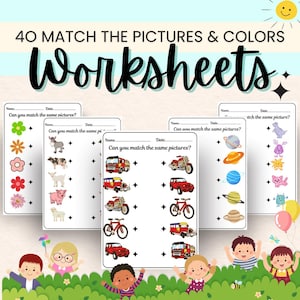 Può includere: Fogli di lavoro educativi per bambini con il testo "40 MATCH THE PICTURES & COLORS Worksheets". I fogli di lavoro presentano attività di abbinamento con illustrazioni colorate di fiori, animali, veicoli e pianeti. Illustrazioni allegre di bambini in basso.
