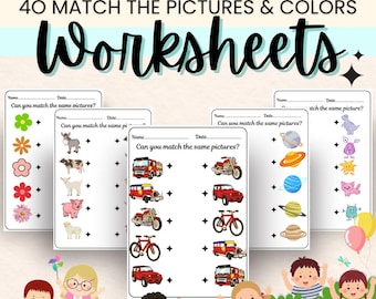 40 Printable Matching Worksheets, Match the Picture, Kindergarten Preschool Activity, Busybook, Educational Pages, Kindergarten Worksheets