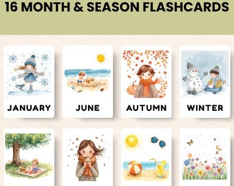 16 MONTHS & SEASONS Flashcards, Learning Flashcards, Homeschool Montessori Flashcard, Classroom Nursery Decor, Educational Printable Cards