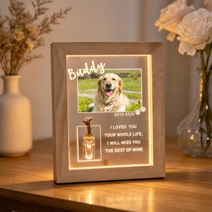 May include: A light-up wooden frame featuring a photo of a golden retriever, the name Buddy, the years 2010-2025, a paw print, a small glass jar with a light, and the text: I LOVED YOU YOUR WHOLE LIFE, I WILL MISS YOU THE REST OF MINE.