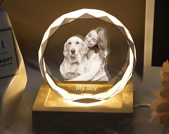 Personalized Round Crystal Pet Photo Portrait Night Light,Engraved Crystal Photo Gift for Pet,Christmas Gift Crystal Photo,Pet Memorial Gift