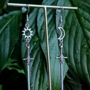 Asymmetrical Sun and Moon Sword Earrings – Sterling Silver Hooks, Renfaire Jewelry