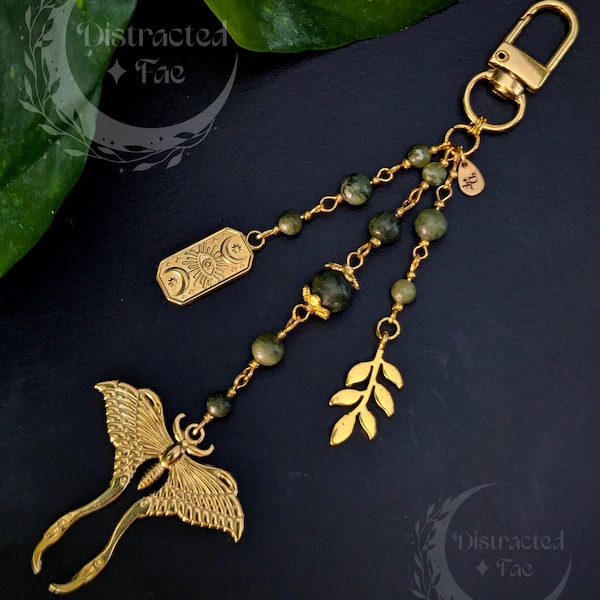 Luna Moth Bag Charm | Jade Fairycore Keychain | 18k Gold Plated Stainless Steel | Cottagecore Kindle Charm