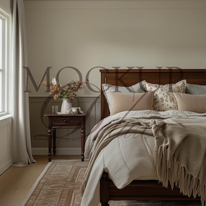 May include: A bedroom scene featuring a dark wood bed frame and headboard, adorned with pillows and a beige blanket. A small wooden nightstand holds a vase of flowers and a white ceramic set. A patterned rug and neutral-toned walls complete the cozy aesthetic.
