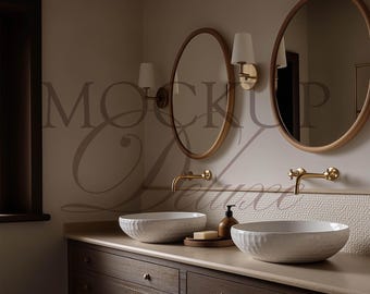 May include: A bathroom vanity with two round mirrors, white sinks, and gold fixtures. The dark wood cabinet has multiple drawers and a light-colored countertop. The wall features sconces and a textured tile accent.