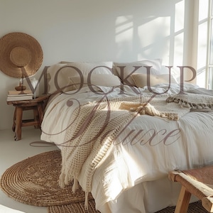 Boho Master Bedroom Wallpaper Mockup PSD | Earthy Wall Decor | Smart Object | 300 DPI | Bohemian Interior Wall Art Display