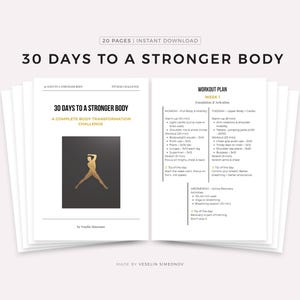 以下が含まれることがあります： 「30 Days to a Stronger Body」というタイトルのフィットネスガイド。ワークアウトプランが記載されています。表紙には、暗い背景に金色の人物が描かれています。ガイドには、毎週のワークアウトプランが含まれています。