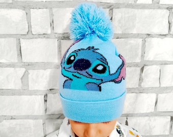 vintage 5-7 years Lilo Stitch print knit baby kids child pom pom hat warm winter