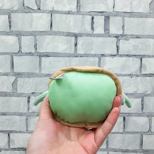 May include: A plush turtle toy in shades of green and tan, held in a hand. The turtle has a rounded green body, a tan shell, and small flipper-like appendages. A small tag is attached to the toy.