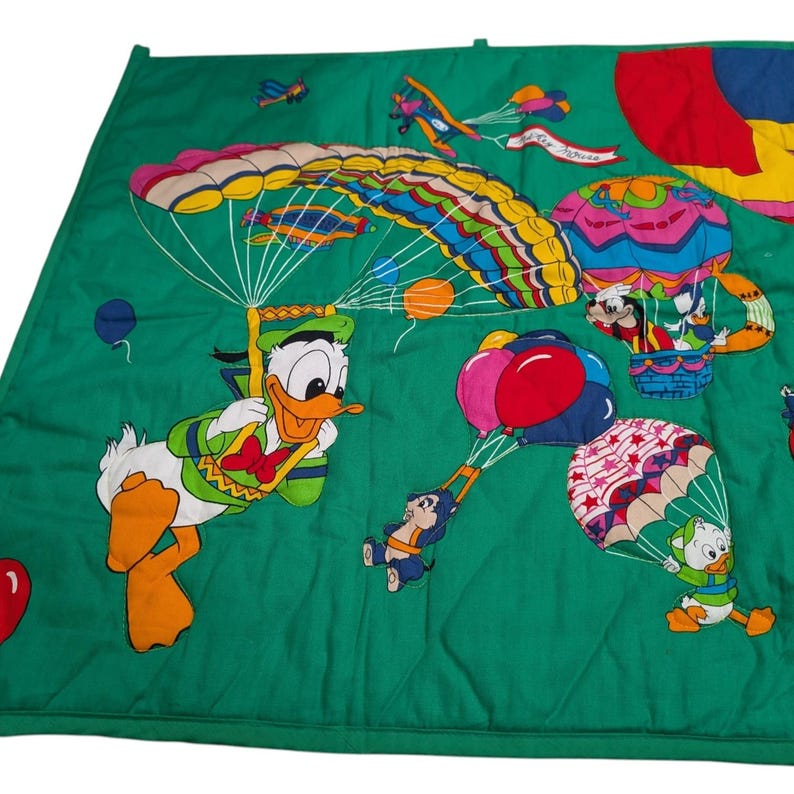 Vintage Disney Mickey Mouse & Friends Quilted Wall Hanging Hot Air Balloon Green image 3