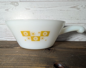 Vintage Fire King Milk Glass Soup Bowl With Yellow Starburst Pattern And Handle