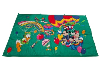 Vintage Disney Mickey Mouse & Friends Quilted Wall Hanging Hot Air Balloon Green