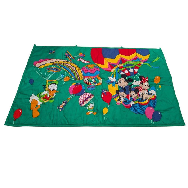 Vintage Disney Mickey Mouse & Friends Quilted Wall Hanging Hot Air Balloon Green image 1