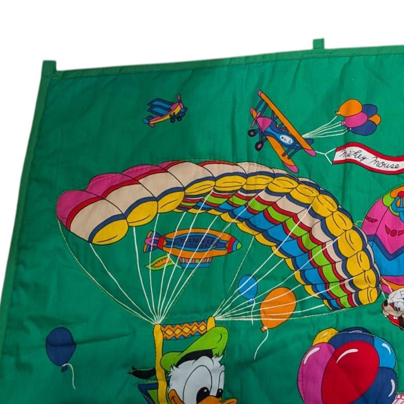 Vintage Disney Mickey Mouse & Friends Quilted Wall Hanging Hot Air Balloon Green image 4