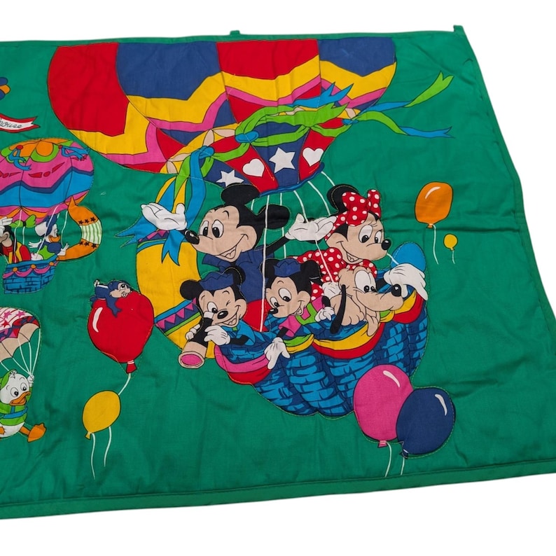 Vintage Disney Mickey Mouse & Friends Quilted Wall Hanging Hot Air Balloon Green image 5