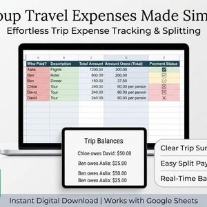 May include: A digital spreadsheet template for group travel expenses displayed on a laptop and tablet screen. The interface shows columns for payer, description, amounts, and payment status. Text includes Group Travel Expenses Made Simple.