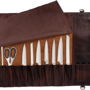Handmade Leather Chef Knife Roll – 11 Pocket Full Grain Tool Bag in Green, 3 Colours – Chef Gift, Culinary Storage Case