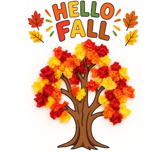May include: A brown tree illustration with textured red, orange, and yellow paper leaves. Above the tree, the text HELLO FALL is written in colourful letters, surrounded by small red, orange, and yellow leaf icons on a white background.