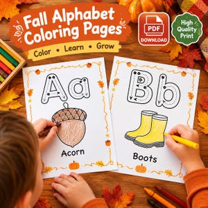 May include: Two white paper sheets featuring Fall Alphabet Coloring Pages with the letters Aa and Bb. The Aa page shows a brown acorn, and the Bb page shows yellow boots. Both pages have orange leaf borders and text labels for each item.